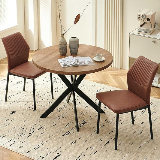 37" Round Dining Table Set for 2, Mid Century Modern Small Coffee Set for Dining Room Kitchen Apartment (Walnut Table + 2 PU Leather Brown Chairs)
