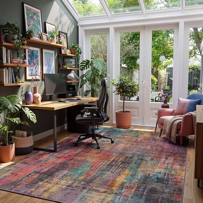 Kokia Abstract Area Rugs Washable Indoor 6x9 Rug Boho Distressed Retro Low Pile Non-Slip Non-Shedding Brick Ochre Carpet Bedroom Living Room Dining Room, Oslo Cave