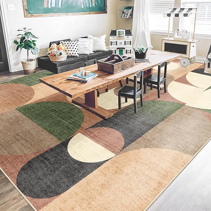 Large Modern Area Rugs 9x12 Washable Rug for Living Room Bedroom Dining Room,Retro Orange Geometric Non Slip Carpet