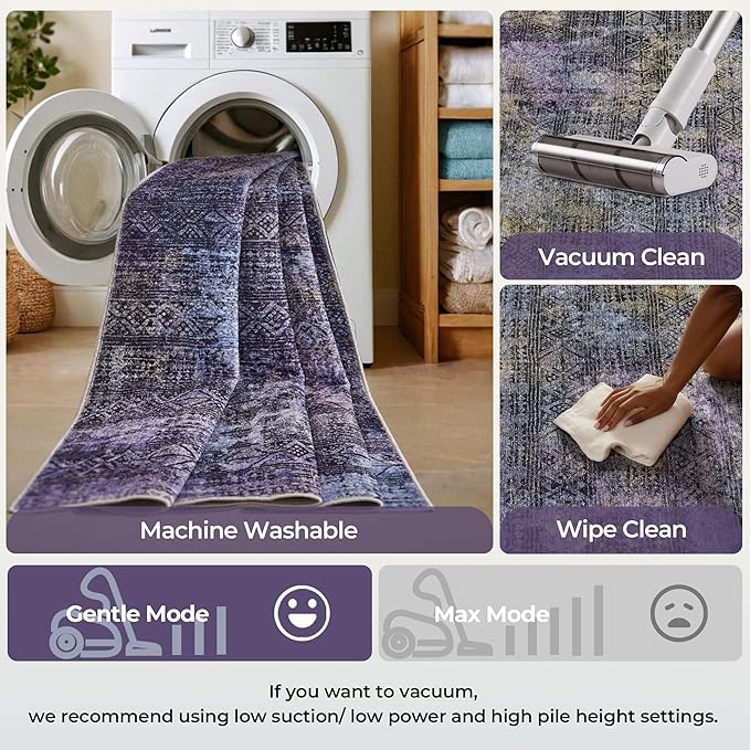 Kokia Abstract Area Rugs 10x14 Bedroom Washable Decor Low Pile Non-Slip Non-Shedding Indoor Black Purple Carpet Foldable Stain Resistant Floor Living Room Dining Room, Violet and Slate Blue