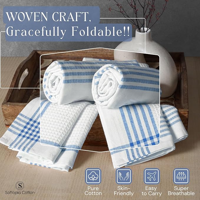 Waffle White & Sky Blue Kitchen Towels 4 Pack, 100% Cotton 16x26 inches, Quick Dry Bar Mop Towel, Super Absorbent Wash Cloths for Cleaning, Drying Dishes, Long Lasting Dishcloth