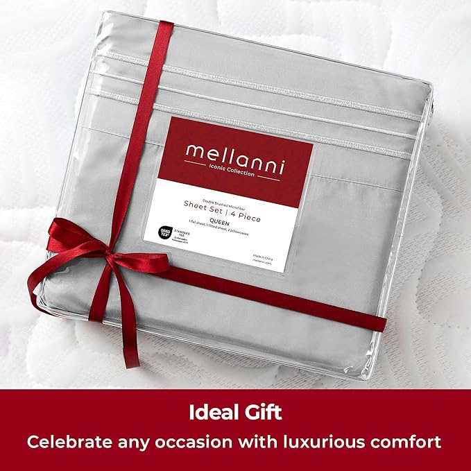 Mellanni Split King Sheets Set - 5 PC Iconic Collection Bedding - Hotel Luxury, Extra Soft, Cooling Bed Sheets - Wrinkle, Fade, Stain Resistant (Split King, Light Gray)