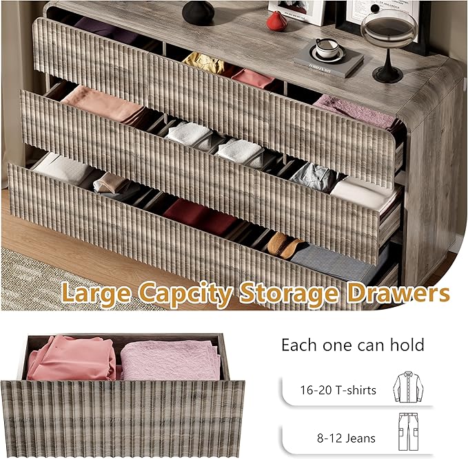 Grey Dresser Fluted 9 Drawers Dresser for Bedroom, 59" Wide Wood Chest of Drawers with Hidden Handles & Rounded Corners, Modern TV Stand Storage Cabinet for Living Room, Hallway, Entryway, Gray