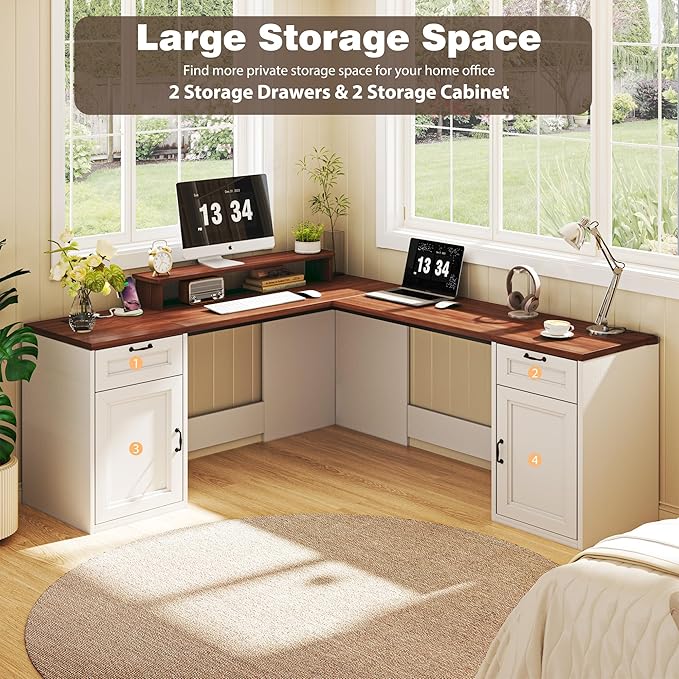 HUAHUU 78" Farmhouse L Shaped Executive Desk with Drawers, Modern Computer Desk with Power Outlets, Office Writing Desk with Monitor Stand & Storage Cabinet, Printer Shelf, Antique White