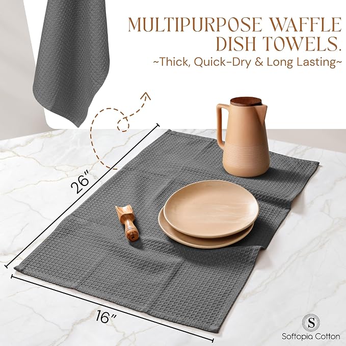 Gray Kitchen Towels – Waffle Weave, 100% Cotton, Soft & Absorbent, Fast Dry, Durable, 16x26 Inches, Perfect for Dish Drying, Bar, Cleaning, and Everyday Use, Set of 12, Grey