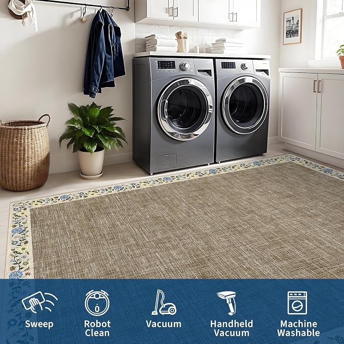 GarveeHome Washable Living Room Rug 9x12 Floral Bordered Area Rugs Soft Thin Indoor Carpet for Bedroom Modern Throw Aesthetic Mat Non Slip Stain Resistant Carpet for Dining Room Office, Dark Camel