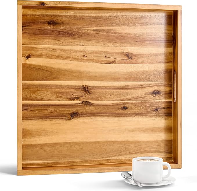 20 x 20 inch Square Wooden Ottoman Tray – Large Wooden Tray for Ottoman, Extra Large Ottoman Tray for Living Room, Coffee Table & Decorative Use (Acacia Color)