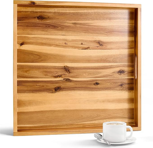 20 x 20 inch Square Wooden Ottoman Tray – Large Wooden Tray for Ottoman, Extra Large Ottoman Tray for Living Room, Coffee Table & Decorative Use (Acacia Color)