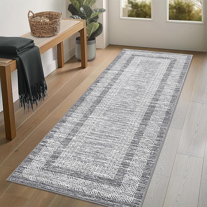 GarveeHome Washable 2.5x10 Kitchen Runner Rug, Easy Clean Geometri Rugs for Hallway Entryway, Indoor Outdoor Non Slip Rug Farmhouse Morden Carpet Door Mat Area Rug for Laundry Room Grey