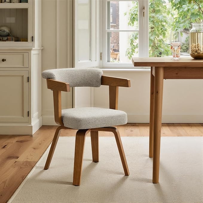 Art Leon Office Chair No Wheels - Mid Century Modern Desk Chair, Fabric Upholstered Accent Arm Chair with Wood Legs for Small Spaces Home Office Living Room Bedroom Study, Off White/Walnut