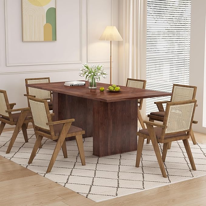 78 Inch Rectangular Dining Table for 6 to 10, Farmhouse Fluted Dining Kitchen Table, Modern Wood Long Dining Table for Kitchen Living Room, Walnut