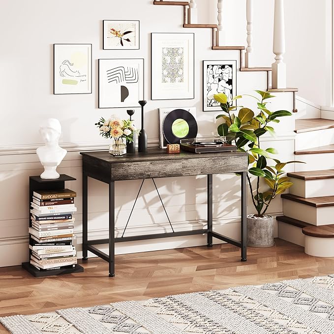 Mexin Small Desk with 2 Wooden Drawers, 40 Inch Home Office Writing Desk, Vanity Desk with Storage, Computer Desk for Bedroom Small Spaces, Table for Office, Work, Kids Study, Makeup, Gray Oak