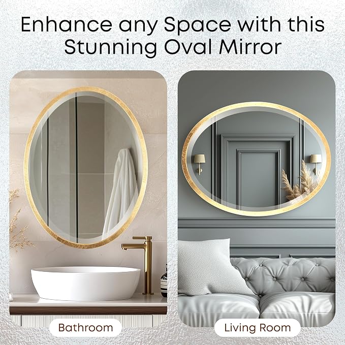 OVALCREST - Oval Wooden Beveled Wall Mirror for Home Decor, Bathroom, Vanity, Bedroom, Living Room, Hallway - London Style (Gold Leaf) 29.1 x 23.1