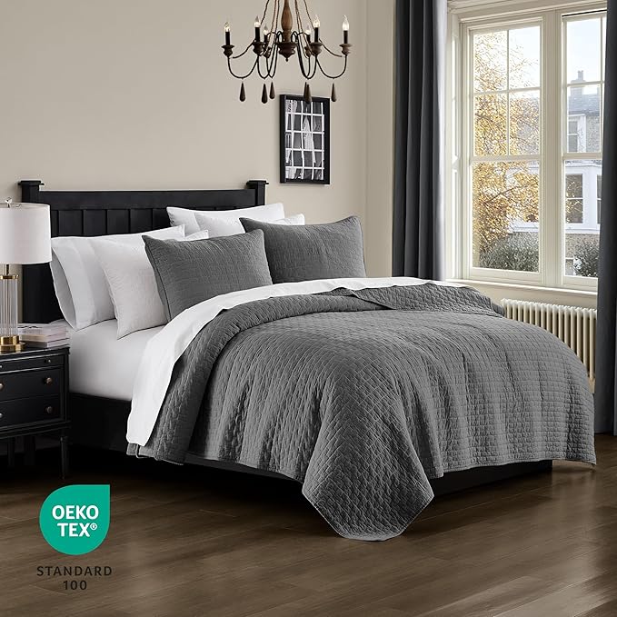 palassio Dark Grey 100% Cotton Quilt Twin Size Bedding Sets with 1 Pillow Sham, Textured Lightweight Soft Bedspread Shabby Chic Coverlet, Quilted Comforter Bed Cover for All Season, 2 Pieces