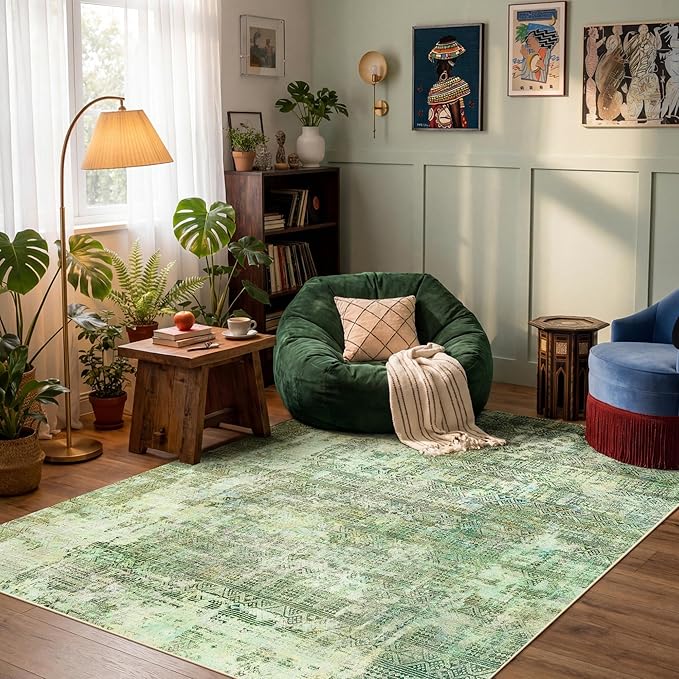 Kokia Abstract Green Area Rugs Washable Indoor 6x9 Rug Boho Distressed Retro Low Pile Non-Slip Non-Shedding Carpet Bedroom Living Room Dining Room, Sage Green