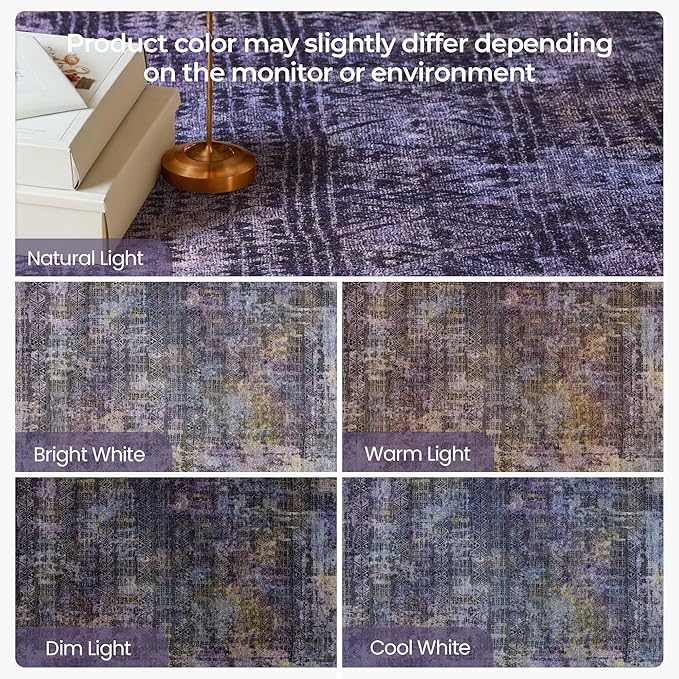 Kokia Abstract Area Rugs 8x10 Bedroom Soft Living Room Rugs Washable Distressed Vintage Comfy Black Purple Carpet with Non-Slip Backing for Farmhouse Home Office Room Decor, Violet and Slate Blue