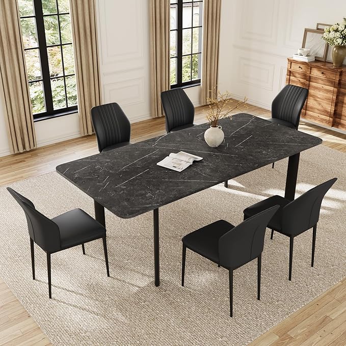 Extendable Dining Table Set for 6-8 People, 63 to 78.7 Inch MDF Kitchen Table with 6 Faux Leather Dining Chairs, Space-Saving for Dining Room, Breakfast Nook (Dark Grey Table & 6 Black Chairs)