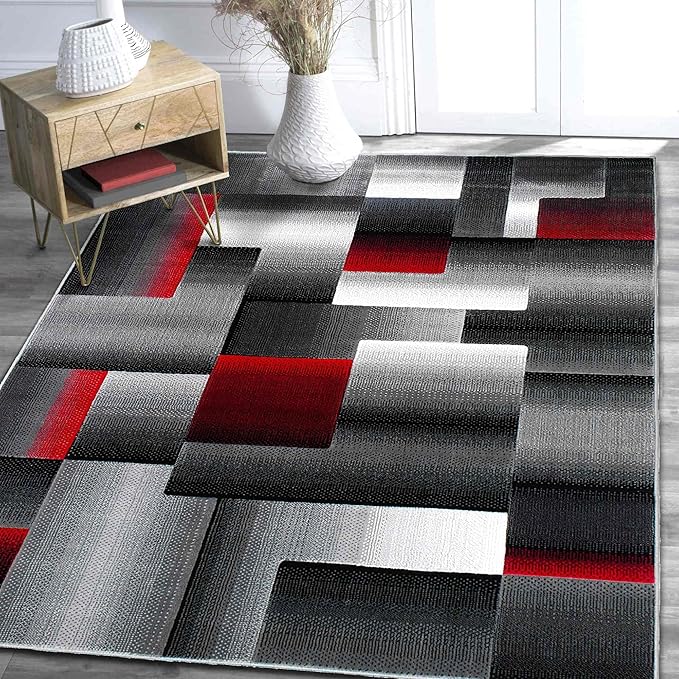 HR 5’ x 7’ Rug in Lava - Premium Quality Lava/Black/Gray Abstract Geometric Modern Squares Pattern Area Rug - Contemporary Styling for Living Room, Bedroom - Unique Home Décor