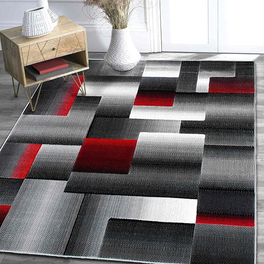 HR 5’ x 7’ Rug in Lava - Premium Quality Lava/Black/Gray Abstract Geometric Modern Squares Pattern Area Rug - Contemporary Styling for Living Room, Bedroom - Unique Home Décor