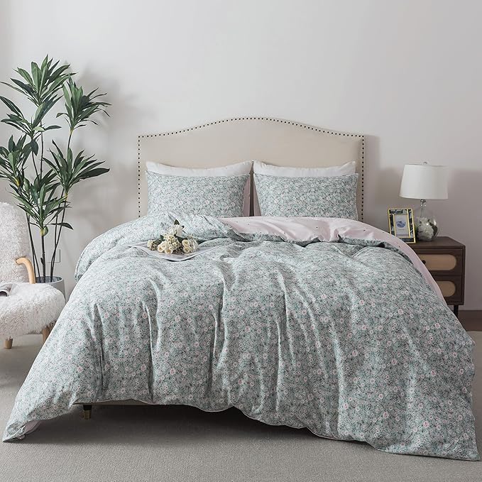 HoneiLife Cotton Floral Duvet Cover Sets, Light Green with Zipper Closure & Corner Ties, 3-Piece Soft & Breathable Comforter Covers Queen Size