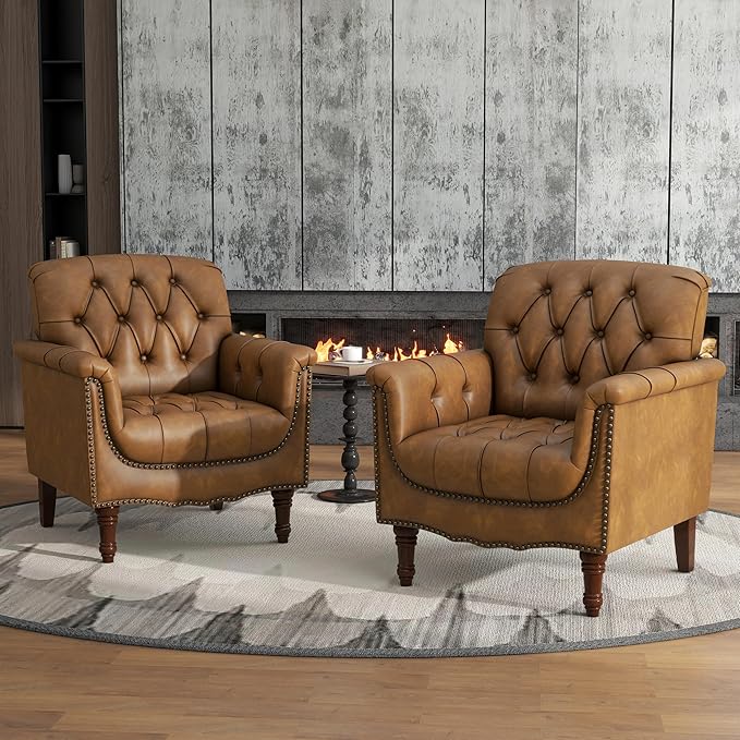 Lumibee Faux Leather Accent Chairs Set of 2, Contemporary Armchairs with Nailhead Trims & Wood Legs for Living Room, Upholstered Comfy Arm Chairs for Office,Bedroom-Camel