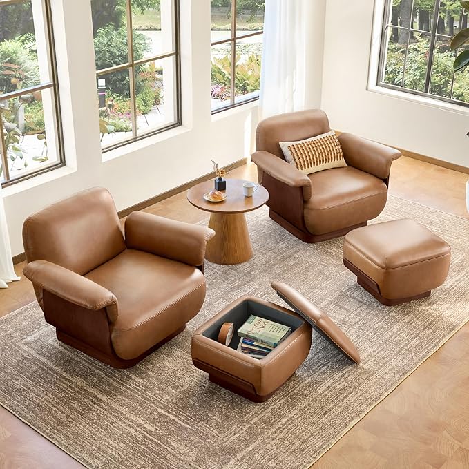 CHITA Genuine Leather Reclining Swivel Chair with Storage Ottoman, Modern Living Room Accent Chair with Lounge Seat for Bedroom, Office, Saddle