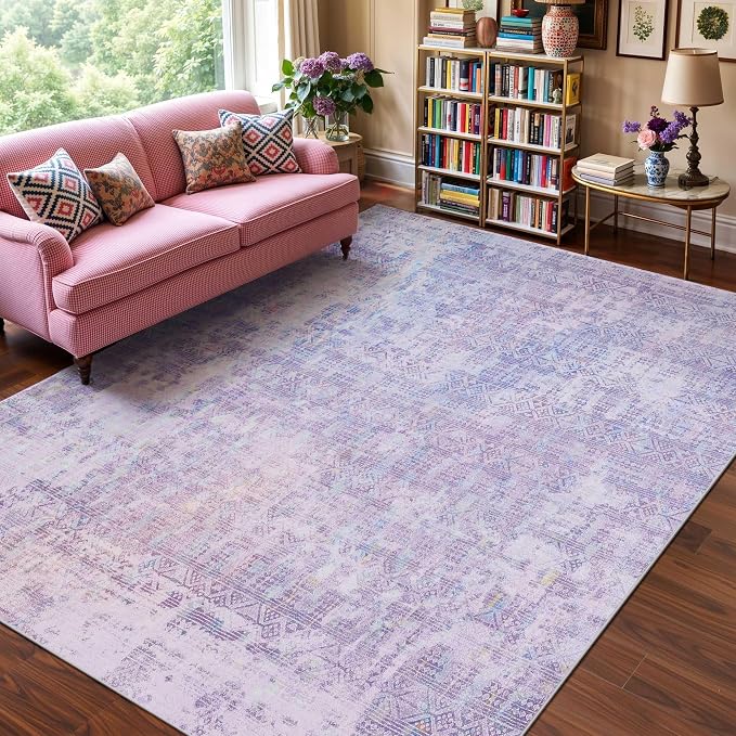 Kokia Abstract Area Rugs 8x10 Bedroom Soft Living Room Rugs Washable Distressed Vintage Comfy Lavender Carpet with Non-Slip Backing for Farmhouse Home Office Room Decor