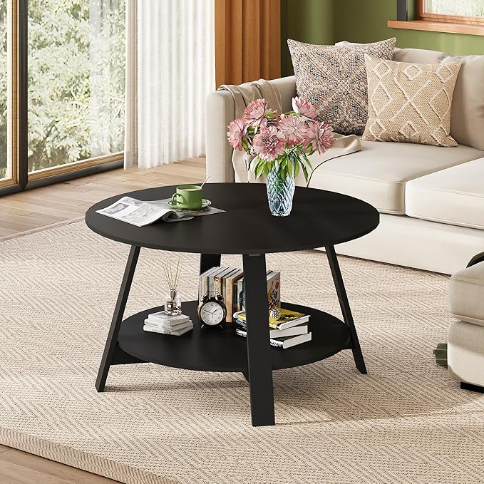 WLIVE Round Coffee Table, 2-Tier Wood Coffee Table with Storage Shelf, Tapered Legs, Circle Wood Small Center Table for Living Room, Apartment, Easy Assembly, Black