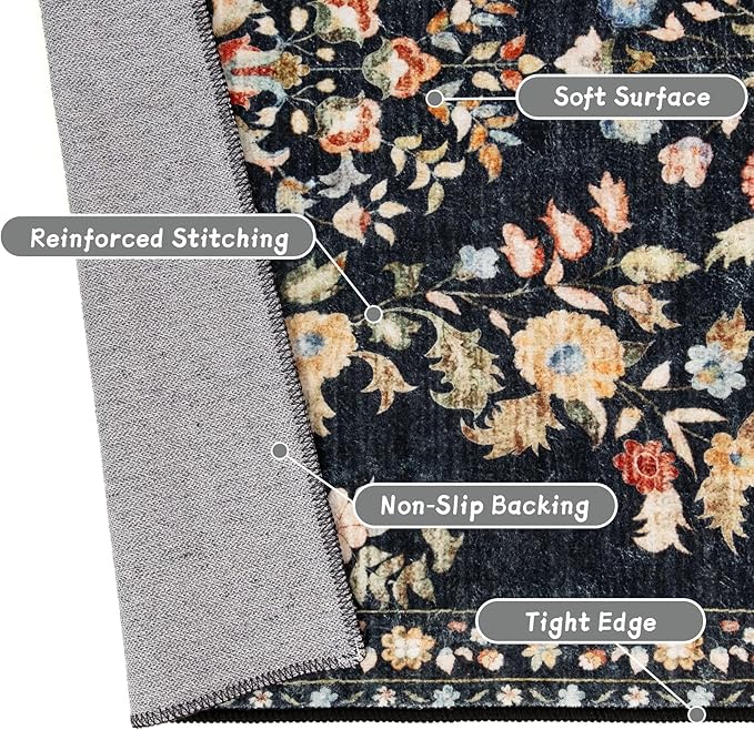 MUJOO Small Rug Washable,Black 2x3 Area Rugs for Entryway,Floral Front Door Mat Indoor Entrance Entry Way,Boho Kitchen Bathroom Floor Rug Throw Carpet Non Slip Low Pile Vintage