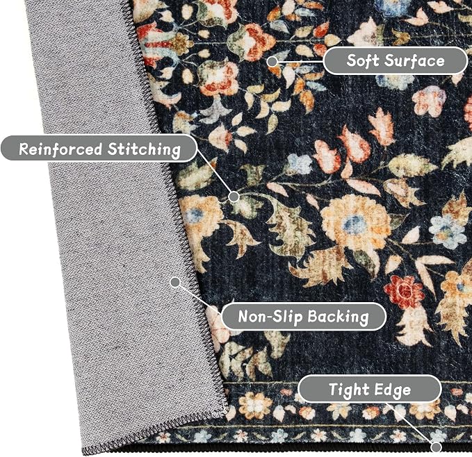 MUJOO 5x7 Area Rugs Washable,Black Floral Rugs for Living Room Bedroom Dining Room Playroom,Boho Indoor Floor Rug Large Non Slip Throw Carpet Low Pile Vintage