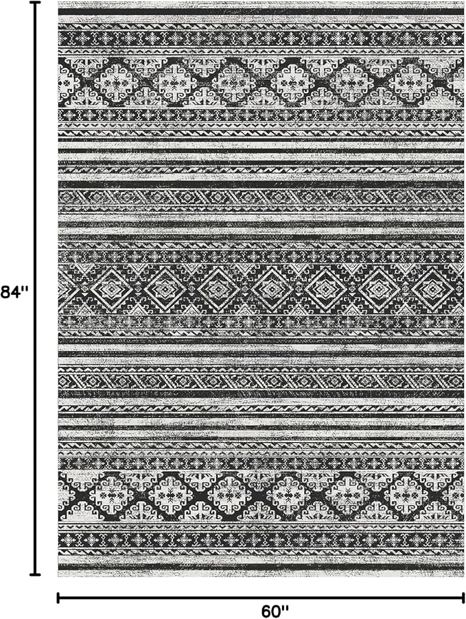 RUGSURE Washable Area Rugs 5' x 7' - 1/6 Thick - Moroccan-Inspired -Stain & Water Resistant Non-Slip - Resistant Rug for Living Room, Bedroom, Nursery, Pet & Child Friendly (Black)