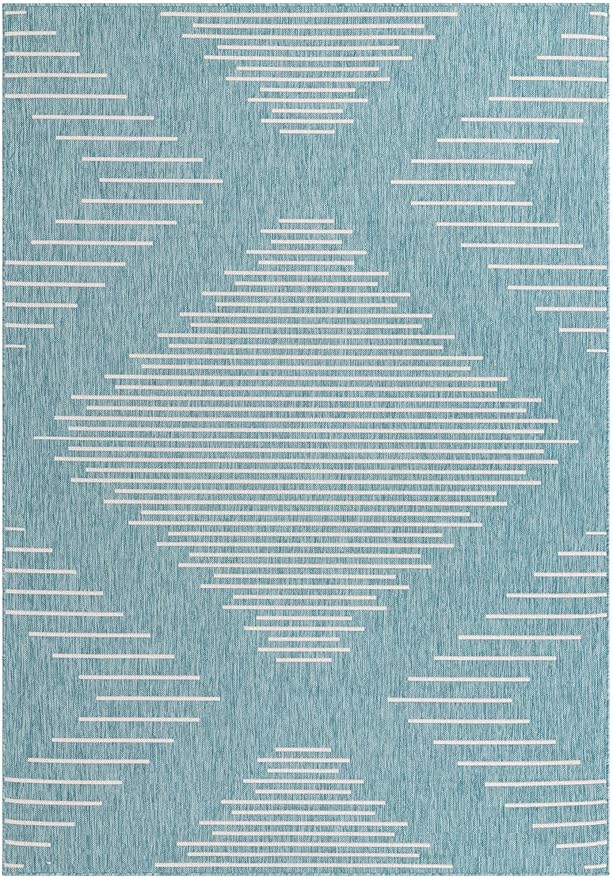 Rugs.com Outdoor Modern Collection Rug – 7' x 10' Light Aqua Flatweave Rug Perfect for Bedrooms, Dining Rooms, Living Rooms