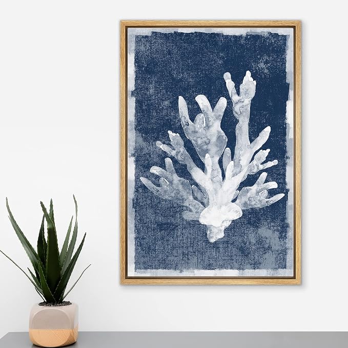 MUDECOR Framed Canvas Print Wall Art Watercolor Blot White Coral Nature Wilderness Illustrations Modern Art Beach Colorful Ultra for Living Room, Bedroom, Office - 24"x36" Natural
