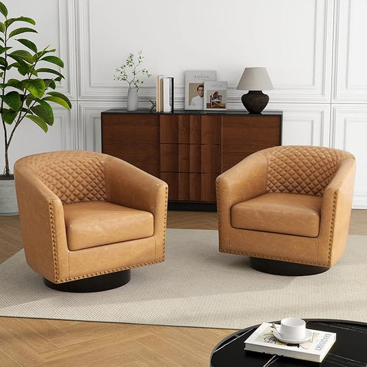 Swivel Barrel Accent Chair, Comfy Modern Upholstered Round Faux Leather Arm Chair for Living Room, Bedroom（Coffee, Set of 2