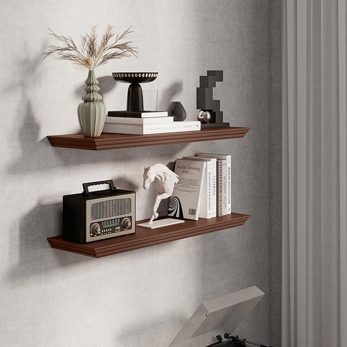 Fun Memories Floating Shelves 32 Inch Long, 9.3 Inch Deep Classic Crown Molding Floating Shelves for Wall, Rustic Wooden Shelves for Wall Decor Bathroom, Kitchen, Office, (Walnut, 2Pack)