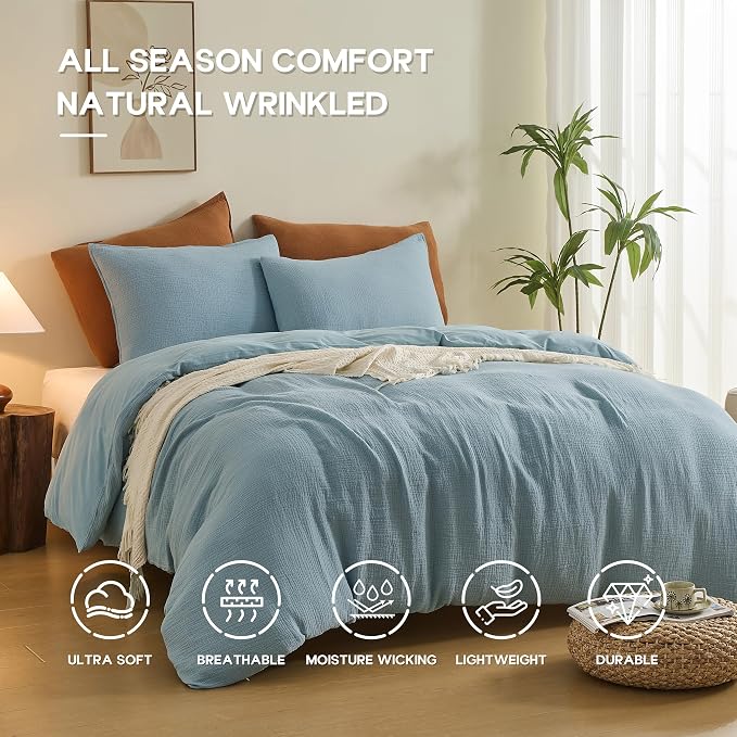 Simple&Opulence Linen Muslin Duvet Cover Set California King, 3Pcs Blue Linen Cotton 3-Layer Gauze Minimalist Comforter Cover 104”x98”, Ultra Soft Breathable Seersucker Bedding Set with 2 Pillowcases