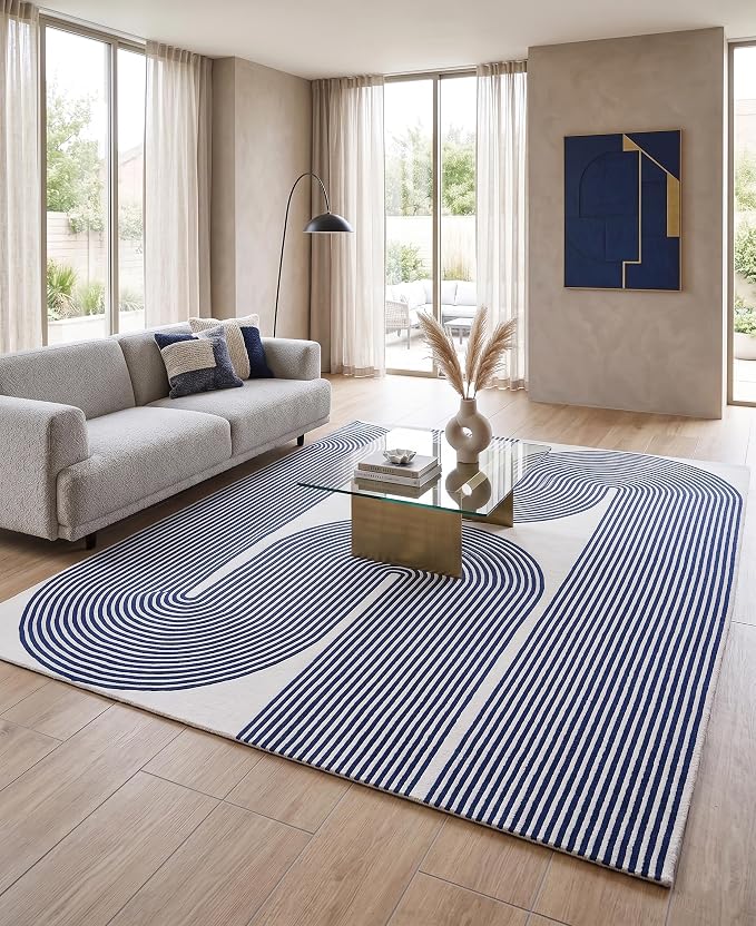 Modern Handmade Wool Area Rug, Abstract Curved Line Geometric Indoor Carpet for Living Room Bedroom, Contemporary Tufted Rug with Soft Pile and Cotton Backing (Royal Blue, 8' x 10')