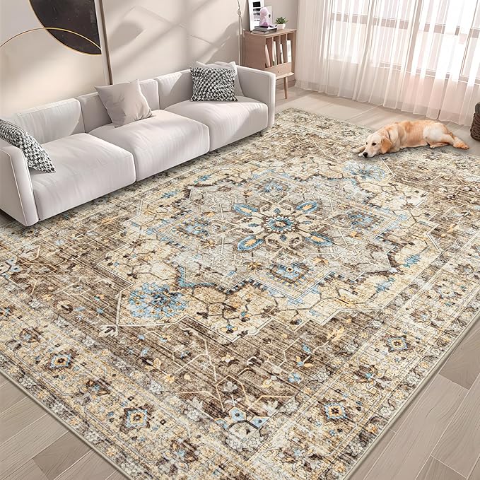 Area Rug 6x9 Vintage Rug: Washable Indoor Medallion Rugs Low Pile Distressed Floor Carpet Retro Accent Rug for Living Room Bedroom Kitchen Dining Table Home Office(Brown/Blue, 6'x9')