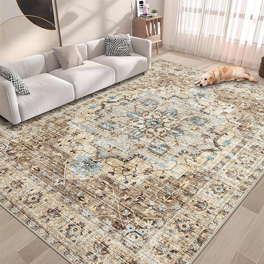 Area Rug 6x9 Vintage Rug: Washable Indoor Medallion Rugs Low Pile Distressed Floor Carpet Retro Accent Rug for Living Room Bedroom Kitchen Dining Table Home Office(Brown/Blue, 6'x9')
