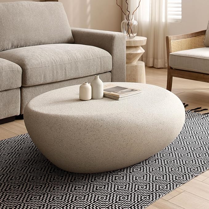 Coffee Table, 43.31" Fiberglass Matte Rocks Table Irregular Stone Center Table for Living Room Apartment, No Assembly, Cream White