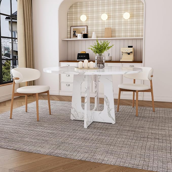 47" Round Dining Table for 4-6,White Faux Marble Dining Room Table,Modern Kitchen Table with Cross Legs for Dining Room Kitchen