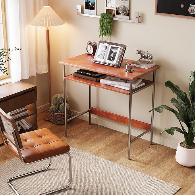 100% Solid Wood Desk, 31.5" Writing Computer Desk for Small Spaces, Vintage Home Office Desks, Mid Century Modern Desks with Thickened Stainless Steel Legs for Study, Makeup & Workstation (Cherry)