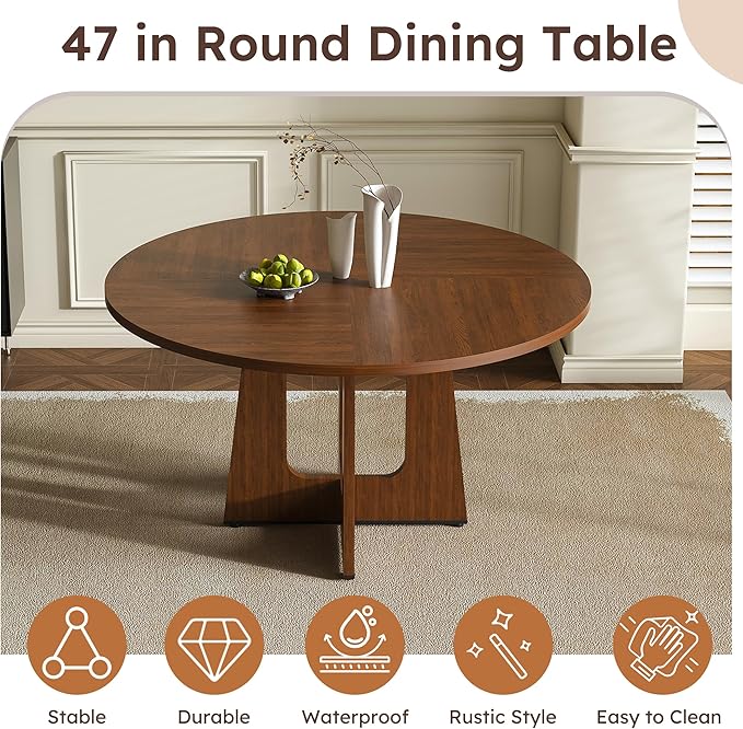 47" Round Dining Table Set for 4, Walnut Wood Grain Table and 4 Light Gray Linen Upholstered Chairs Set, Mid Century Modern Kitchen Table Set with Cross Legs