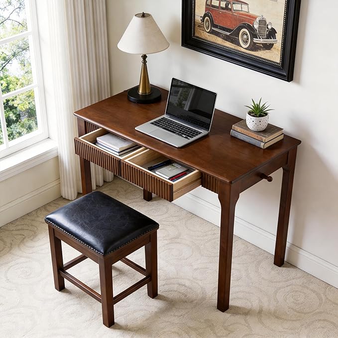 100% Solid Wood Desk with Drawers, Small Home Office Writing Wooden Desk, Vintage Wood Desk for Small Spaces, Bedroom, Work Study Computer Table with Fluted Design and Hooks(Walnut)