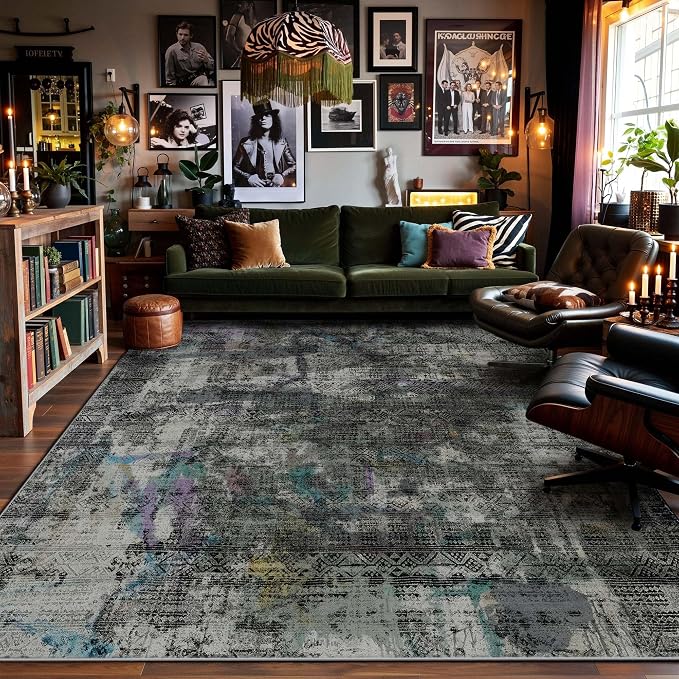 Kokia Abstract Area Rugs 8x10 Bedroom Soft Living Room Black-Gray Rugs Washable Distressed Vintage Comfy Carpet with Non-Slip Backing for Farmhouse Home Office Room Decor