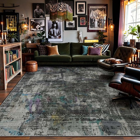 Kokia Abstract Area Rugs 9x12 Bedroom Washable Decor Low Pile Non-Slip Non-Shedding Indoor Black-Gray Carpet Foldable Stain Resistant Floor Mat Living Room Dining Room