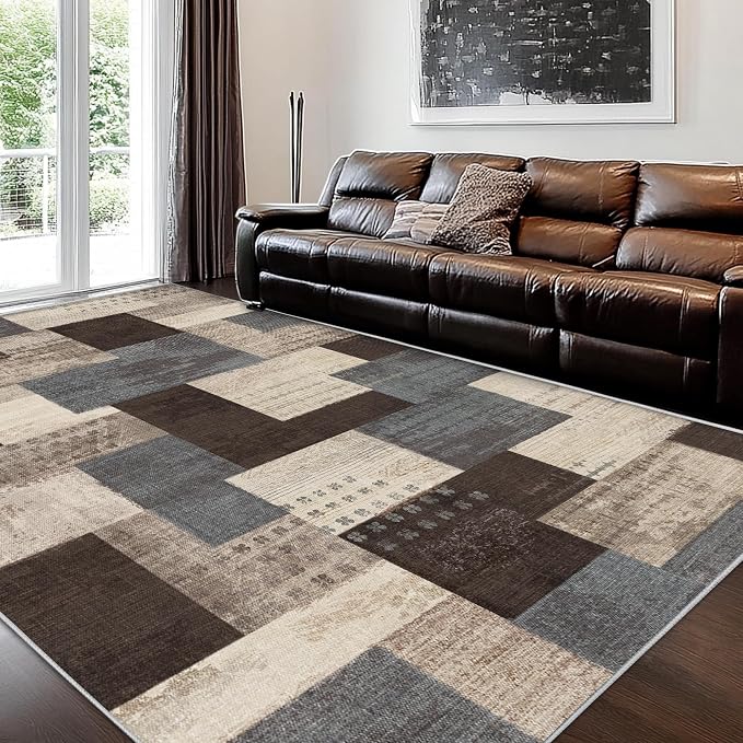 Modern Geometric Patchwork Indoor Area Rug for Living Room, Blue-Taupe 10'x 14' Large Rug Rockwood Collection Hardwood Floors Decor for Bedroom, Blue Throw Carpet for Entryway Dining Room