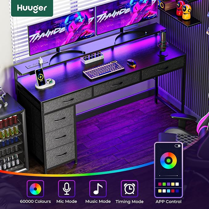 Huuger Gaming Desk with 6 Drawers, Computer Desk with LED Lights Power Outlets and Type-C, 55 Inch Office Desk with Storage, Monitor Stand, Writing Desk Work Desk Home Office, Bedroom, Study, Black