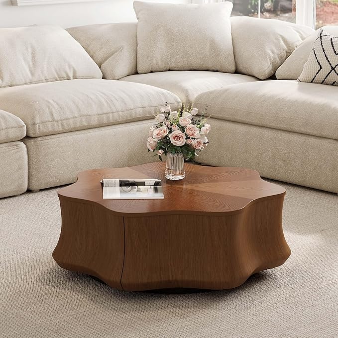 32.48" Flower - Shaped Coffee Table for Living Room, Fully-Assembled Mid Century Modern Center Small Table with Hidden Storage Drawer for Living Room, Apartment & Small Space