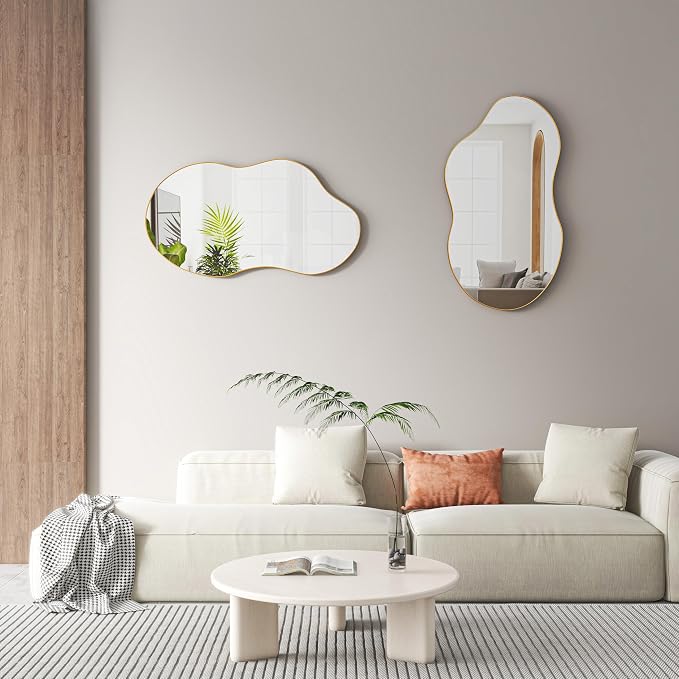 SHYFOY Irregular Wall Mirror Decorative, 20"x32" Antique-Gold Mirror for Wall Decor Wavy Accent Mirrors Asymmetrical for Living Room Bathroom Bedroom Entryway, Abstract Irregular Shape Curvy Mirror